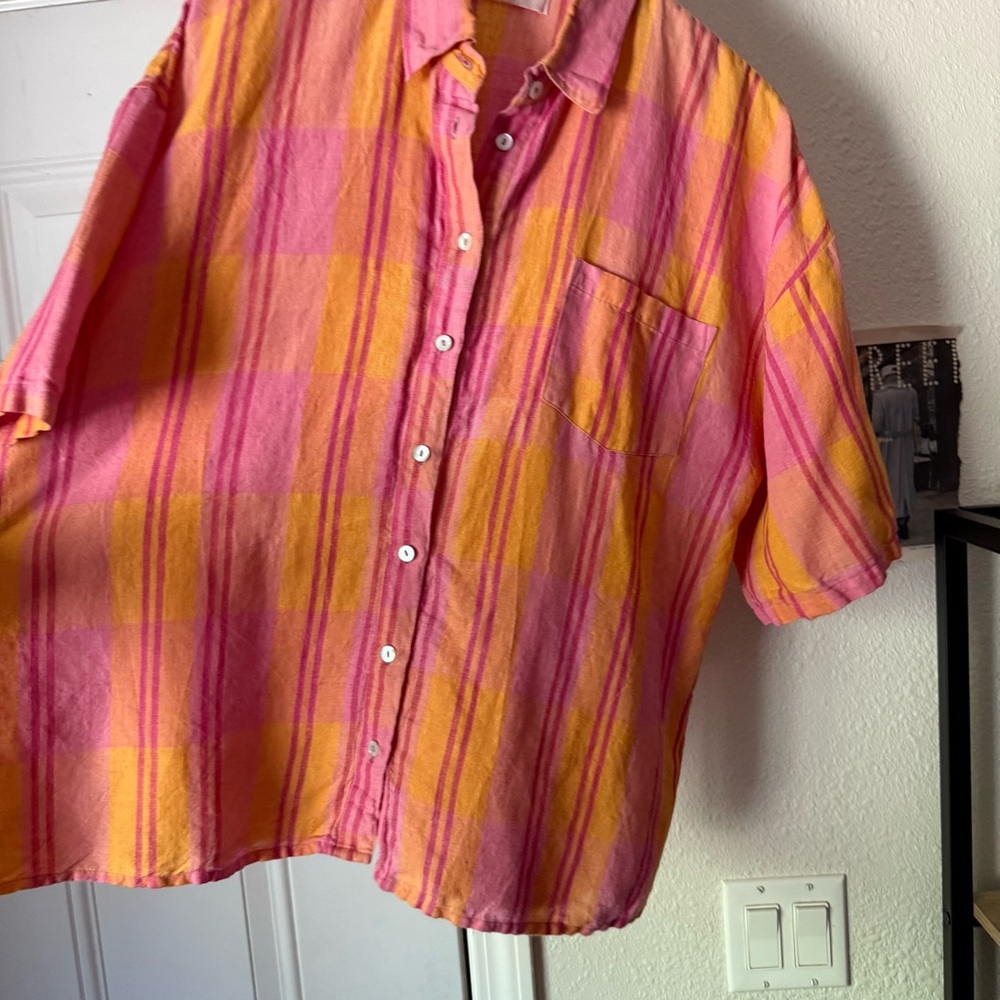 KINGA CSILLA pink orange citrus plaid gingham boxy cropped button up shirt - Picture 3 of 5